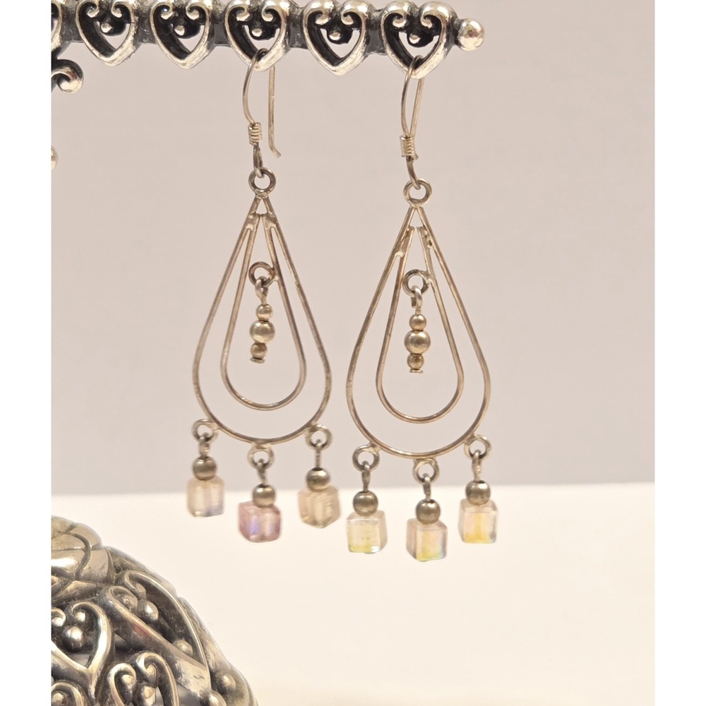 Vintage Sterling Silver Chandelier Teardrop Frame Crystal Earringsβ